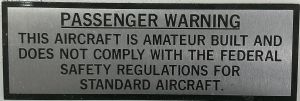 PASSENGER WARNING / AMATEUR BUILT  Decal